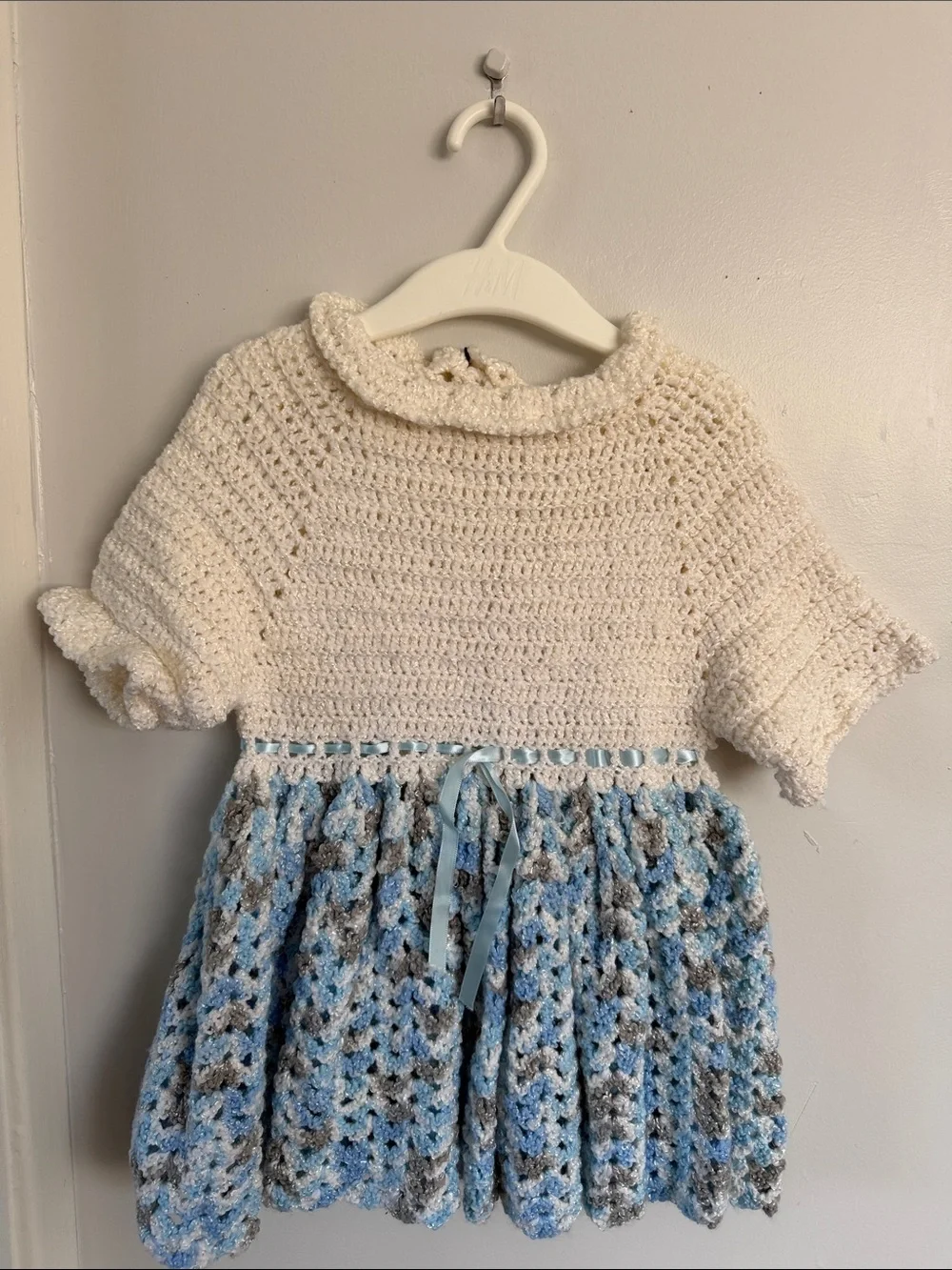 Handmade Crochet Baby Dress in Cream and Blue size 2T